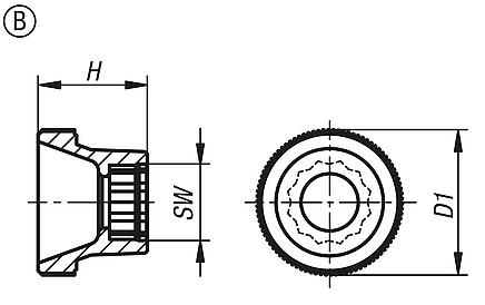 Knurled knobs for screws with hex head, Form B