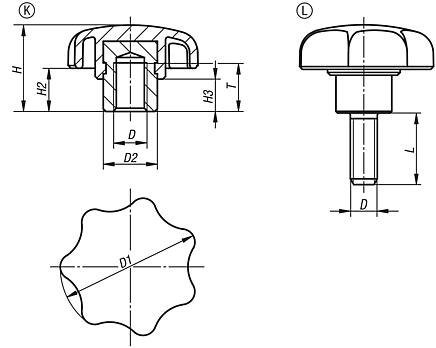 Star grips, plastic, metal detectable with protruding steel bush