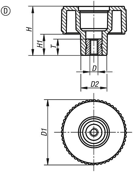 Knurled knobs, metal parts stainless steel, Form D, with tapped bush, without cap, inch