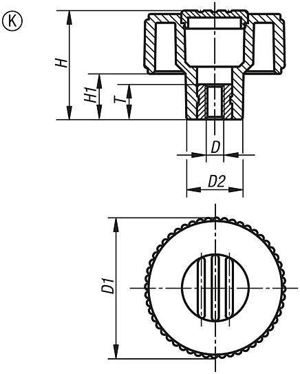 Knurled knobs, metal parts stainless steel, Form K, with tapped bush, with cap, inch