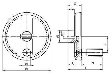 2-spoke handwheels, aluminium, with revolving cylinder grip, Form C with reamed hole and keyway