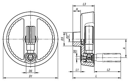 2-spoke handwheels, aluminium, with fold-down cylinder grip, Form C with reamed hole and keyway