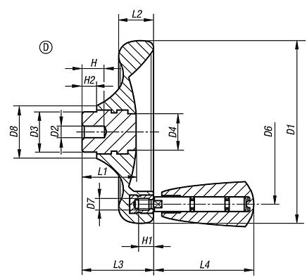 Disc handwheels with revolving grip, Form D, pre-drilled