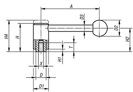 Tension levers with internal thread, 0 degrees, inch