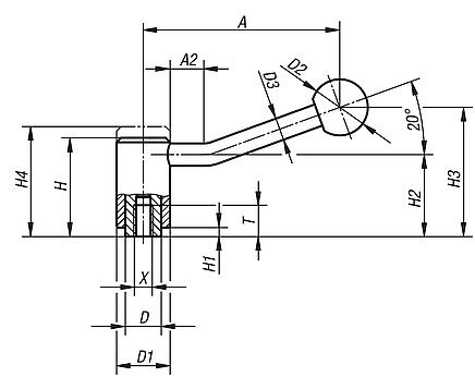 Tension levers with internal thread, 20 degrees, inch