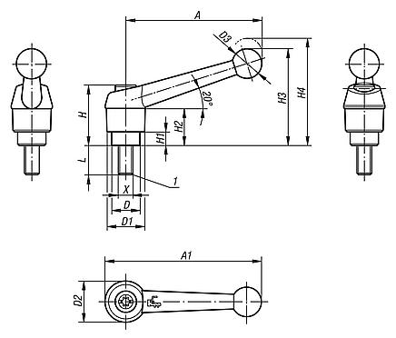 Clamping levers external thread, steel parts stainless steel, inch