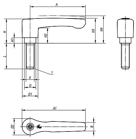 Clamping levers, flat, external thread