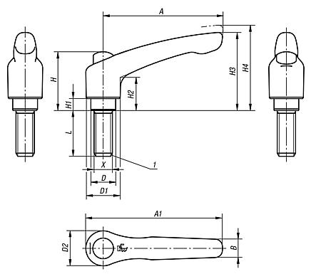 Clamping levers, stainless steel with external thread and protective cap, threaded pin stainless steel