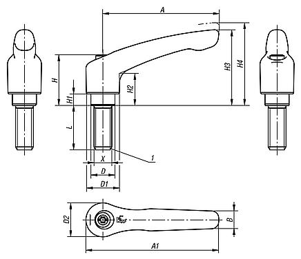 Clamping levers with external thread, stainless steel, inch