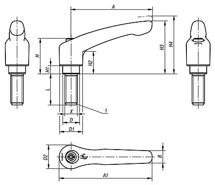 Clamping levers external thread, steel parts stainless steel, inch