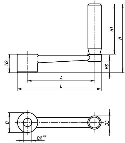 Crank handles 
cylindrical revolving grip with reamed hole