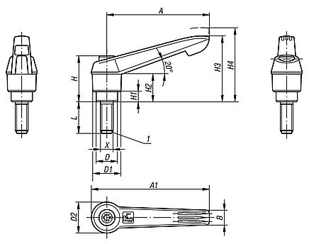 Clamping levers with plastic handle external thread, metal parts stainless steel, inch