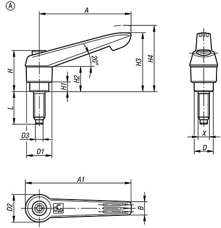 Clamping levers, plastic with external thread and brass thrust pin, threaded insert black oxidised steel