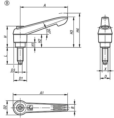 Clamping levers, plastic with external thread and POM thrust pin, threaded insert black oxidised steel