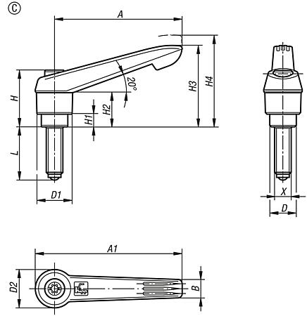 Clamping levers, plastic with external thread and ball, threaded insert black oxidised steel