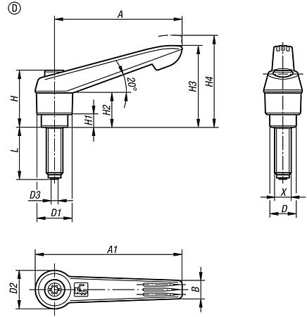 Clamping levers, plastic with external thread and flattened ball, threaded insert black oxidised steel