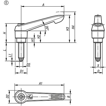 Clamping levers, plastic with external thread and point, threaded insert black oxidised steel