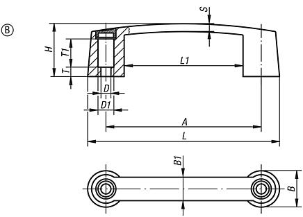 Pull handles, plastic, narrow, mounted from front or rear