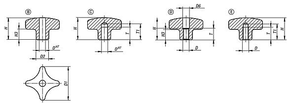 Palm grips, stainless steel, similar to DIN 6335, inch