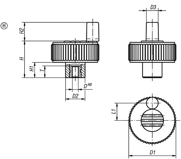 Knurled knob with grip, Form H, without cross hole