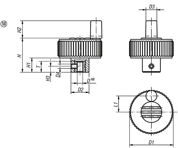 Knurled knobs with grip, Form M, with cross hole and grub screw