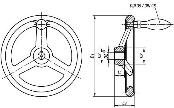 Handwheels DIN 950, grey cast iron, with revolving grip