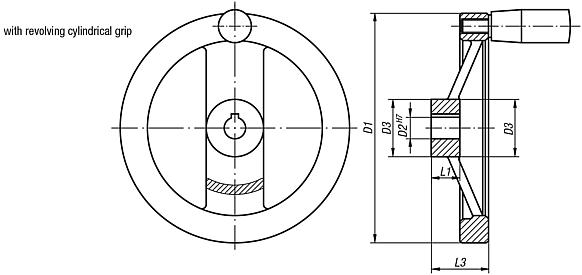 Handwheels 2-spoke, aluminium, flat wheel rim, revolving cylinder grip