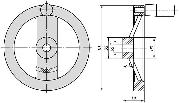 Handwheels 2-spoke, aluminium, flat wheel rim, fixed cylinder grip, inch