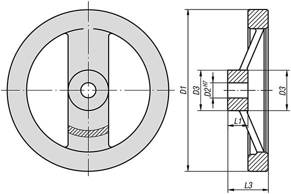 Handwheels 2-spoke, aluminium, flat wheel rim, without cylinder grip, inch