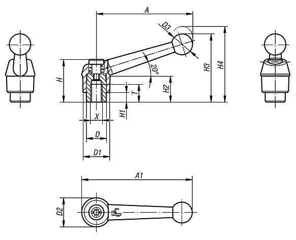 Clamping levers, die-cast zinc with internal thread, threaded insert stainless steel