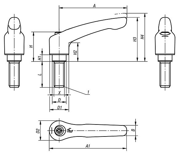 Clamping levers, die-cast zinc with external thread, threaded insert stainless steel