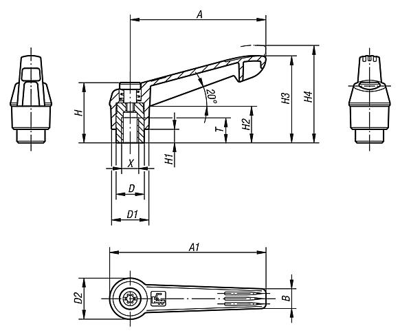 Clamping levers, plastic with internal thread, threaded insert black oxidised steel