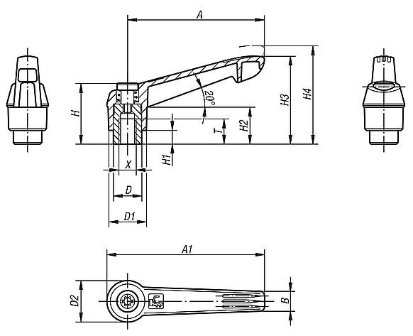 Clamping levers, plastic with internal thread, threaded insert stainless steel