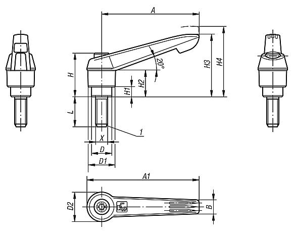 Clamping levers, plastic with external thread, threaded insert stainless steel