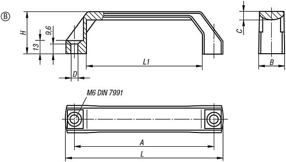 Pull handles, plastic, narrow, slanted both sides, for countersunk screws