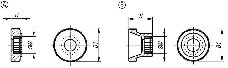 Knurled knobs for screws with hex head