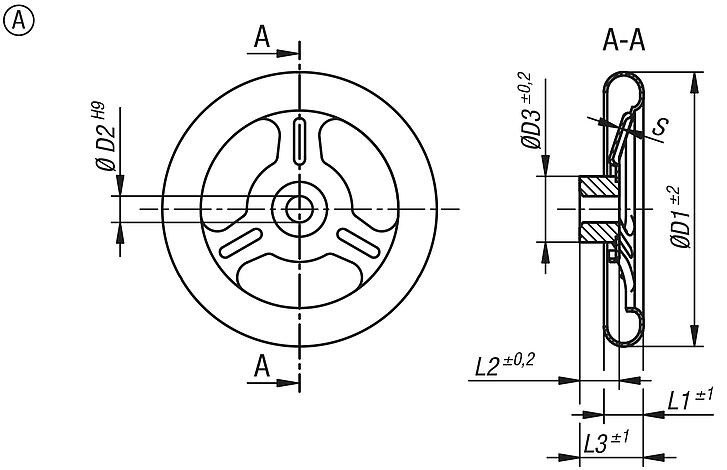 Handwheels sheet steel, Form A, 3-spoke