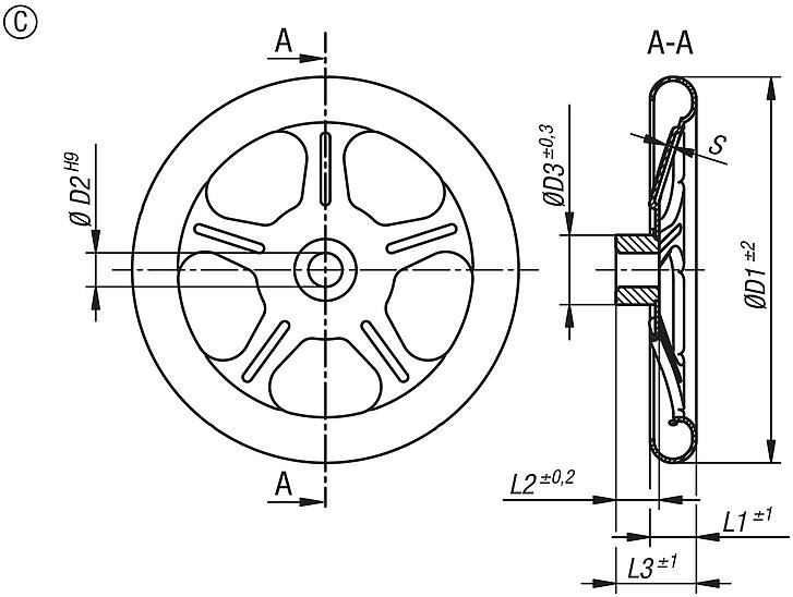 Handwheels sheet steel, Form C, 5-spoke