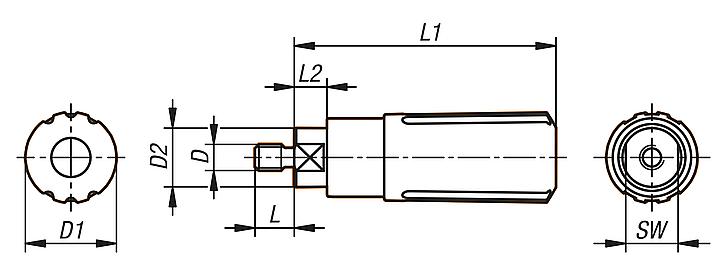 Plastic cylindrical grips, revolving, with external thread, inch