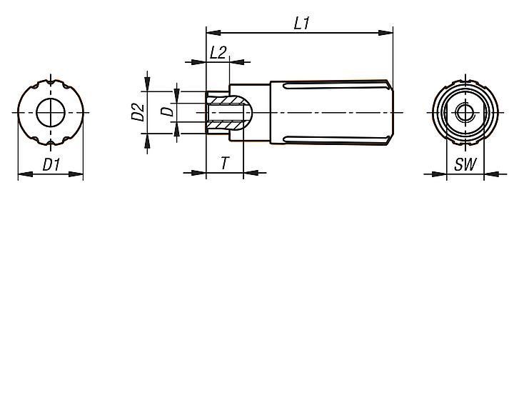 Plastic cylindrical grips, revolving, with internal thread, inch