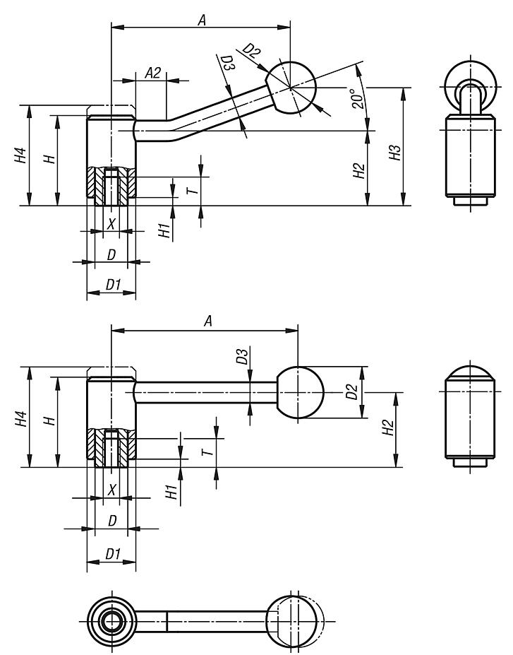 Tension levers with internal thread, inch