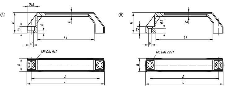 Pull handles, plastic, narrow, slanted both sides