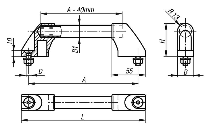 Tubular handles, aluminium with plastic grip legs, slanted both sides