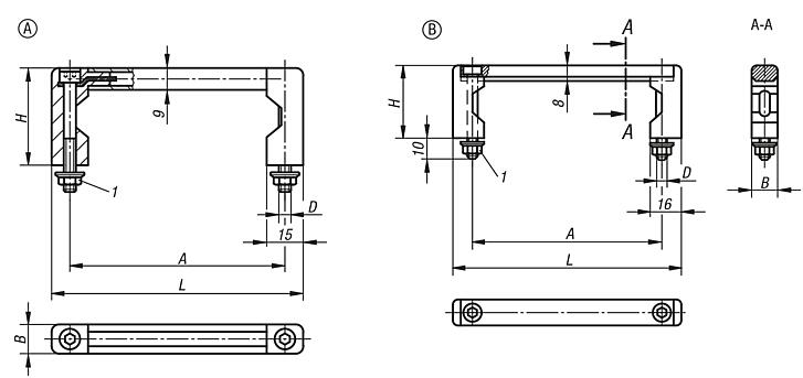 Pull handles, aluminium with plastic grip legs