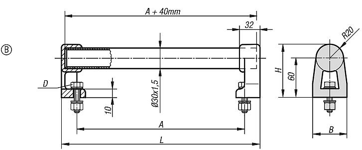 Tubular handles, aluminium with plastic grip legs, Form B