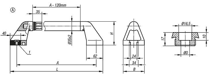 Tubular handles, stainless steel with plastic grip legs and screw head counterbore