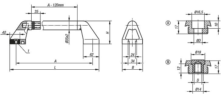 Tubular handles, stainless steel with plastic grip legs