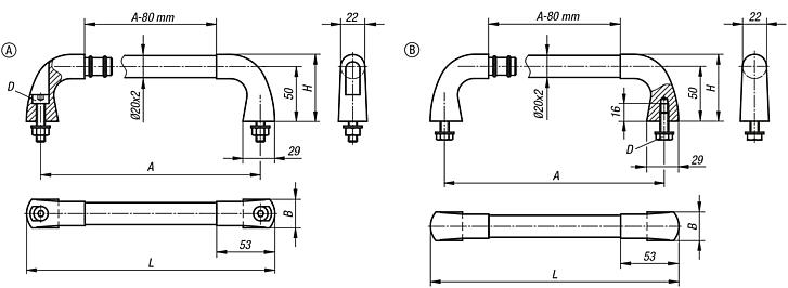 Tubular handles, stainless steel with investment cast grip legs