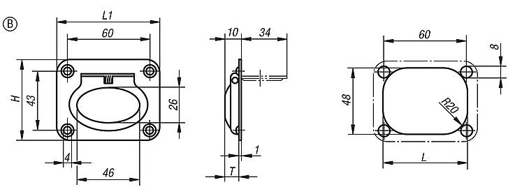 Recessed handles, stainless steel, fold-down, rectangular