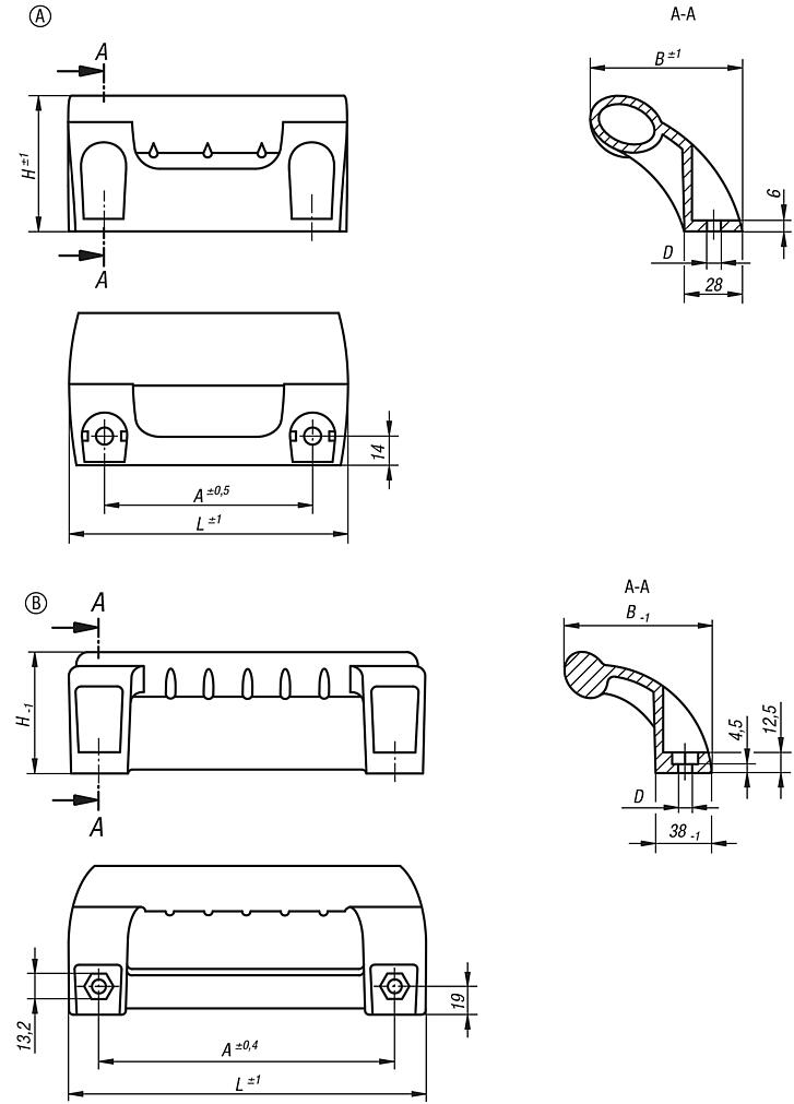 Pull handles, plastic, angled